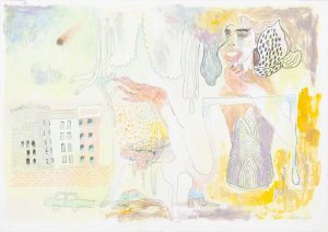 Gouache and pencil drawing of a ghostly female figure amid city buildings, a comet, and a woman's face with a patterned headdress.
