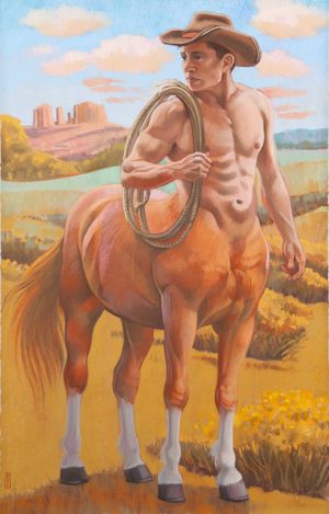 Pastel painting of a shirtless cowboy-hat-wearing centaur holding a lasso in a desert landscape with mesas.