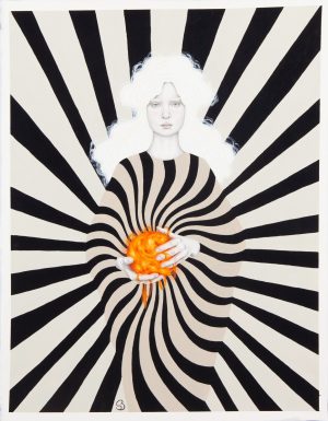 Painting of a pale woman with white hair cradling a glowing orange orb against a swirling black-and-cream stripe background.