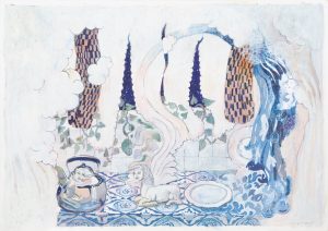 Gouache painting of a sphinx and teakettle on a tiled table surrounded by dreamlike columns, clouds, and a blue wave.