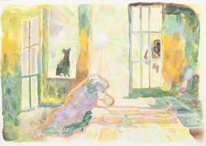 Gouache drawing of a reclining nude and a robed figure in a sun-flooded interior with two open windows.