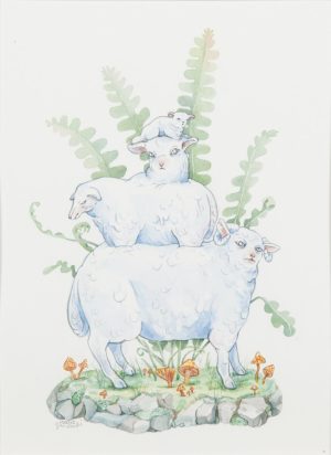Watercolor of a playful vertical stack of white sheep and lambs surrounded by ferns and orange mushrooms.