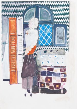 Gouache painting of a woman seen from behind standing before a blue arched window in a patterned interior with stacked quilts.