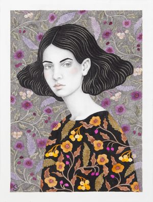 Ink and pencil drawing of a dark-haired young woman in a floral blouse against a dense botanical background.