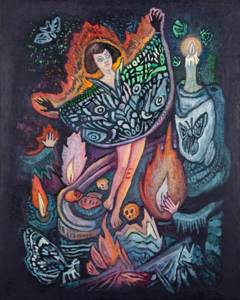 Oil painting of a winged female figure surrounded by flames, skulls, moths, and candles on a dark ground.