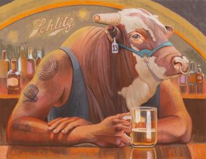 Pastel drawing of a human figure with a bull's head sitting at a bar holding a glass of whiskey beneath a Schlitz sign.