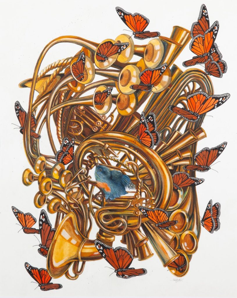 Ink and watercolor of tangled brass instruments covered in monarch butterflies with a blue bird nesting at center.