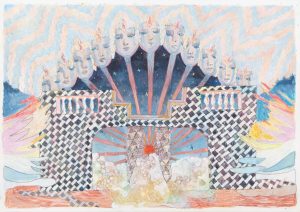 Gouache drawing of floating faces above a checkered arch with radiating sunburst rays and swirling cloud forms.