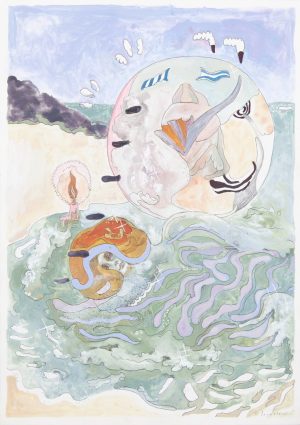 Gouache painting of two fantastical spherical creatures amid crashing waves on a pale coastal shore.