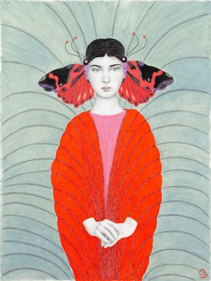 Drawing of a pale young woman in a red shawl with two red-and-black butterflies flanking her dark hair, on a blue-grey wave background.