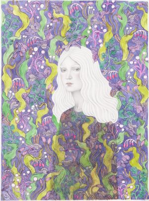 Ink and acrylic drawing of a pale woman with white hair surrounded by dense, swirling stylized botanical forms on a violet ground.